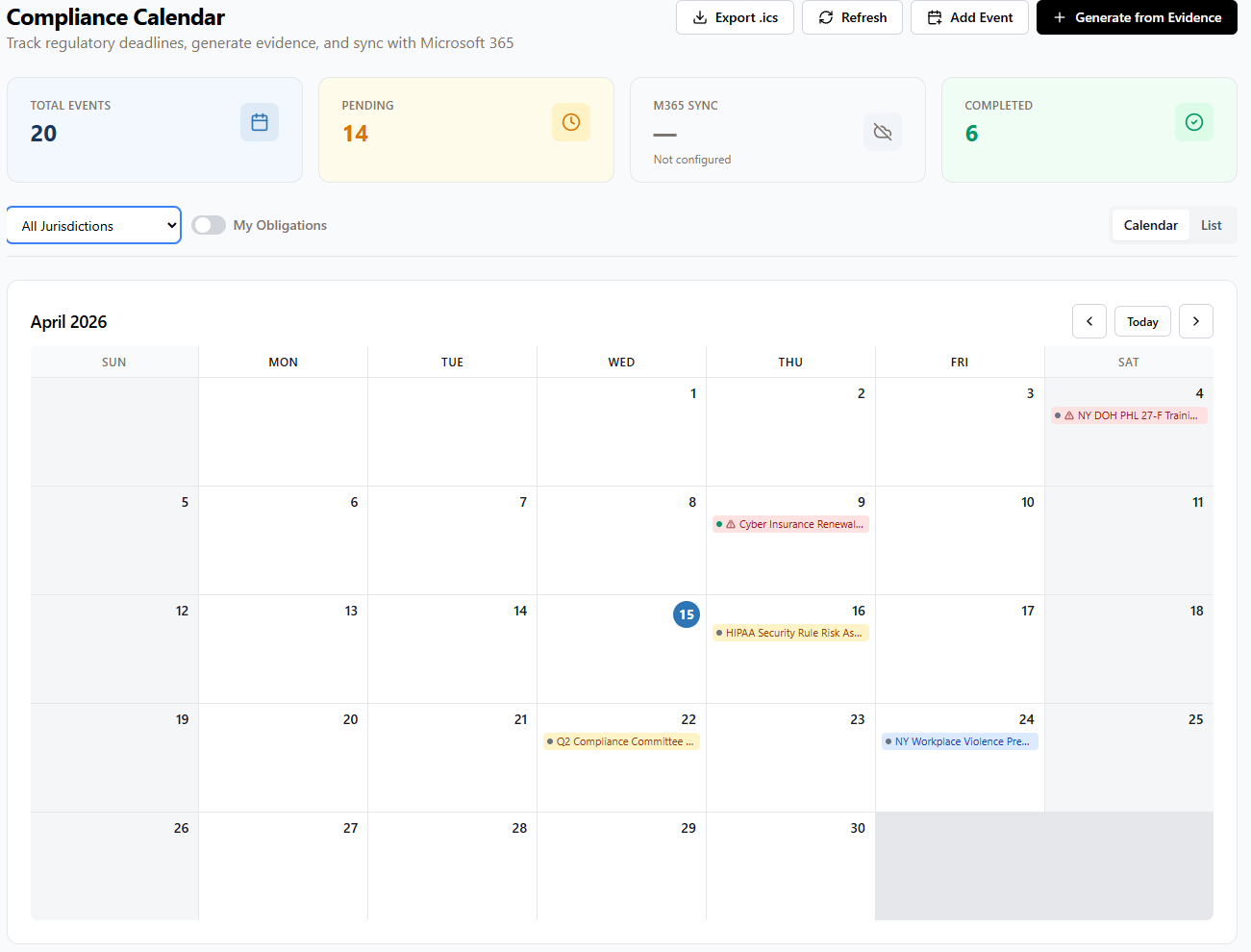 AlignSure compliance calendar showing regulatory deadlines for HIPAA, OSHA, and state filing obligations