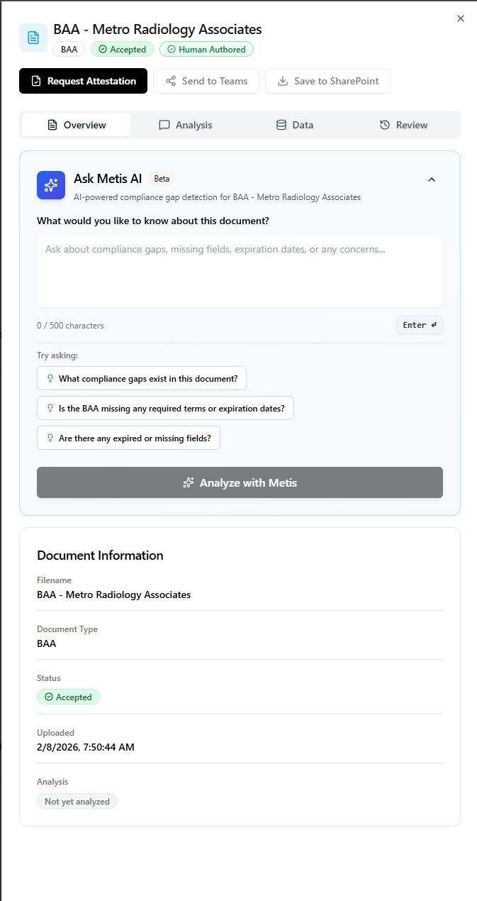 AlignSure document review panel with METIS AI compliance gap detection and reviewer attestation workflow