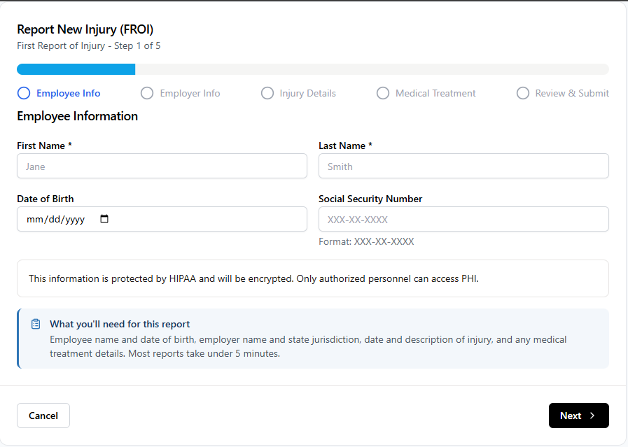 AlignSure First Report of Injury wizard — a guided five-step workflow that connects injury data to Experience Mod impact